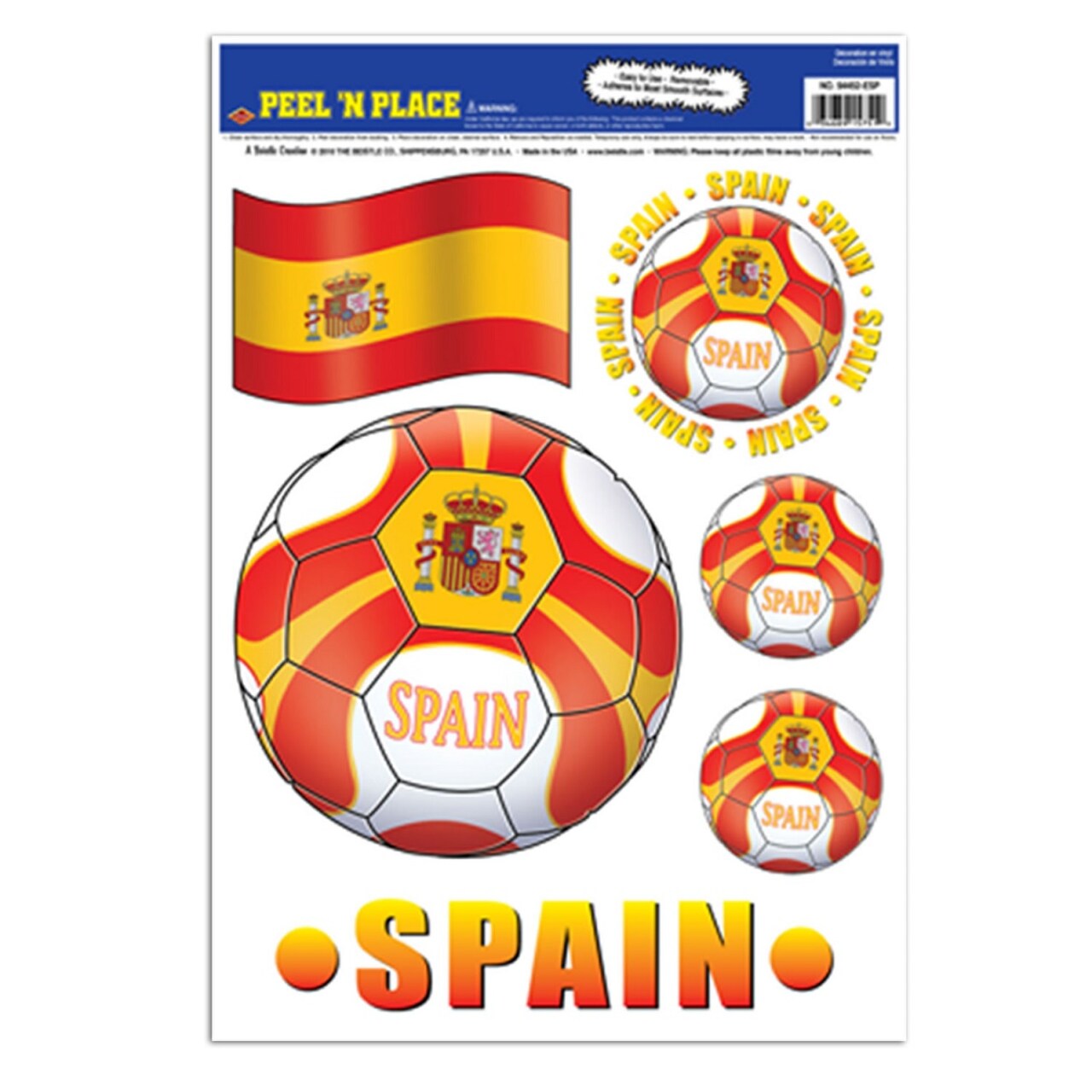 Beistle Club Pack of 72 Red, Yellow and White "Spain" Peel 'N Place Soccer Balls and Flag Decals 17"